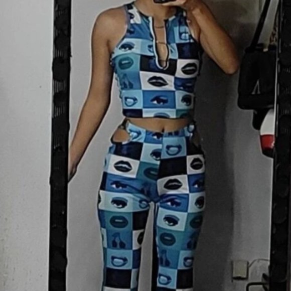 Y2K Blue Sexy Chain Detail Top and Flared Pants Set - Picture 1 of 4